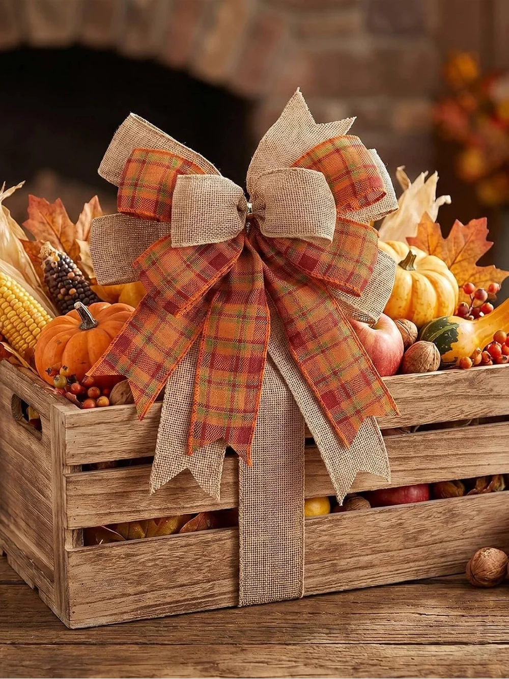 Burlap & Plaid Autumn Bow - Orange and Natural